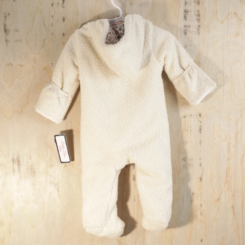 Little Lass Baby Girls White Sherpa Hooded Pram Suit Bear Face Floral Trim NWT